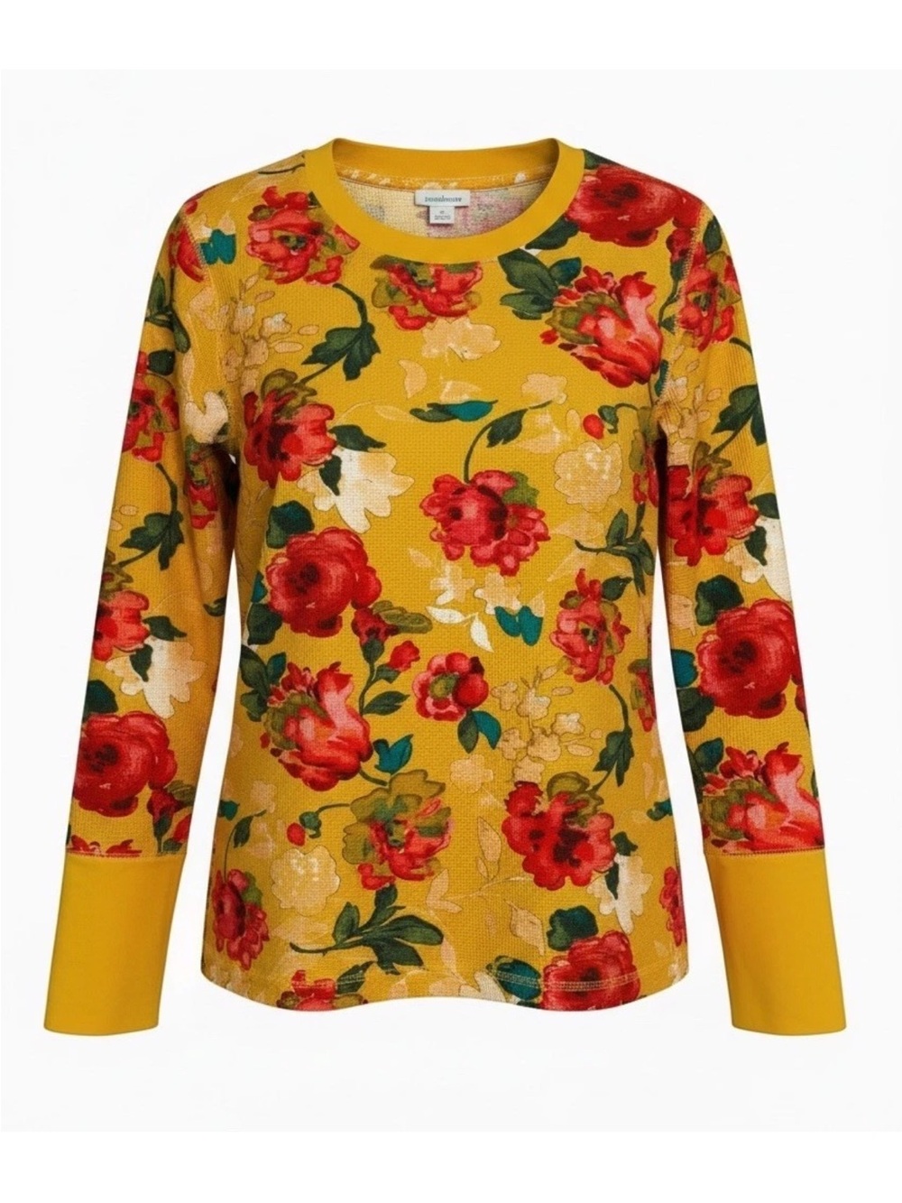 Sundance Sunset Garden Waffle Tee in Size Medium M Yellow Floral Fitted Long Slv